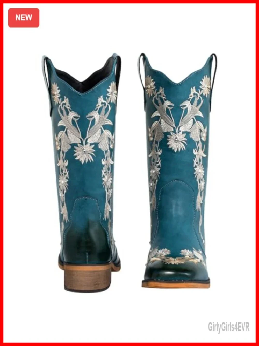 Women's Faux Leather Floral Rhinestone Square Toe Cowboy Boots - Wide Calf